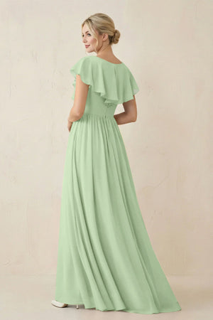 Cap Sleeve A-Line Ruffled Chiffon Bridesmaid Dress in Sage - SHE IS ME BRIDESMAID DRESSES