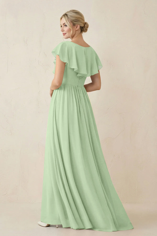 Cap Sleeve A-Line Ruffled Chiffon Bridesmaid Dress in Sage - SHE IS ME BRIDESMAID DRESSES