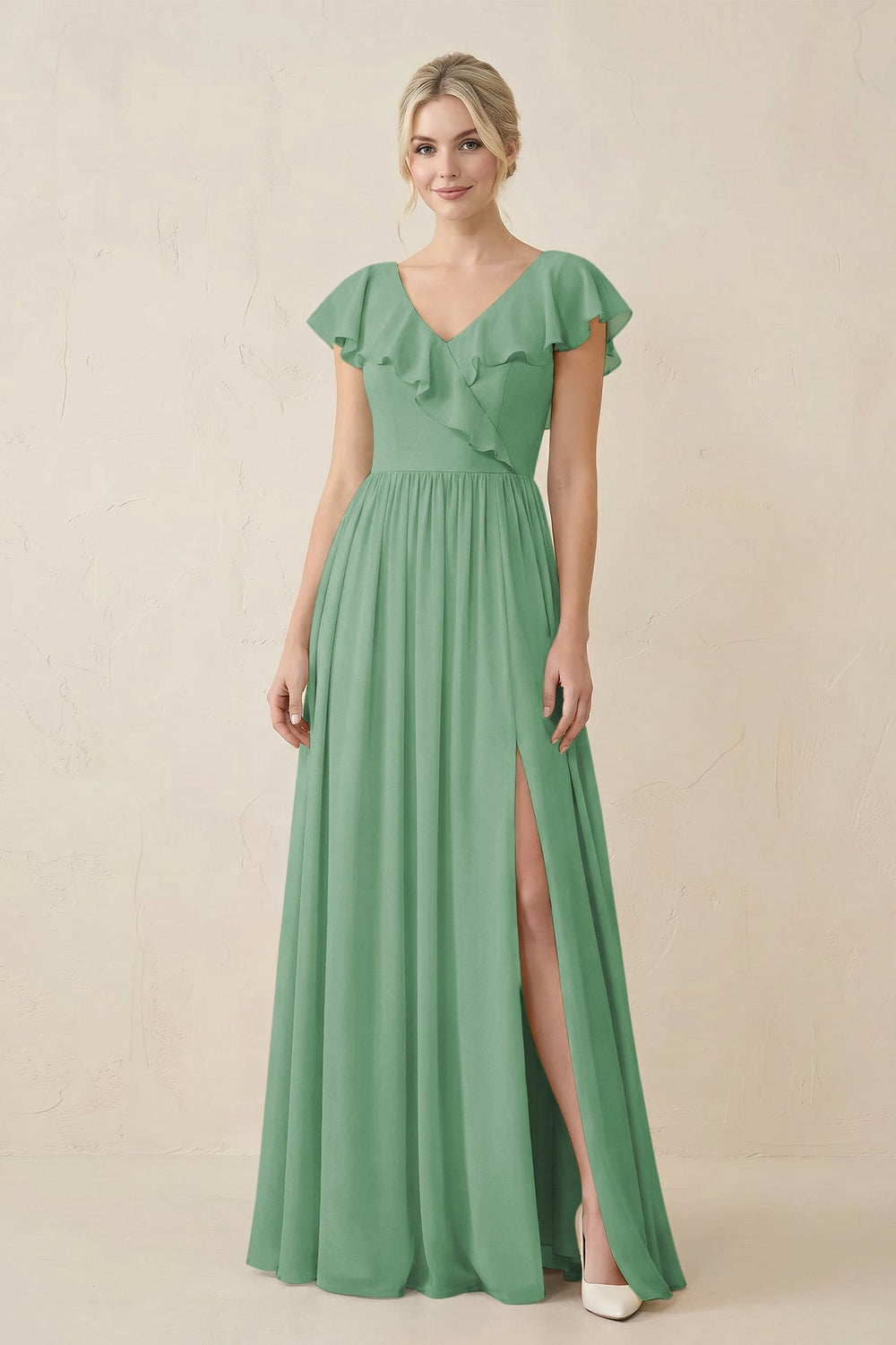 Cap Sleeve A-Line Ruffled Chiffon Bridesmaid Dress in Sea Glass - KISS BRIDAL BRIDESMAID DRESSES