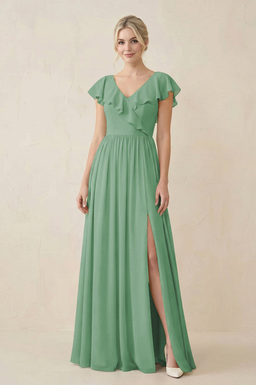 Cap Sleeve A-Line Ruffled Chiffon Bridesmaid Dress in Sea Glass - SHE IS ME BRIDESMAID DRESSES