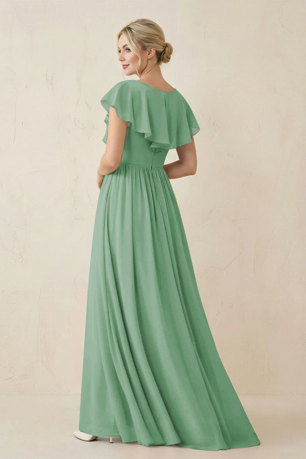 Cap Sleeve A-Line Ruffled Chiffon Bridesmaid Dress in Sea Glass - KISS BRIDAL BRIDESMAID DRESSES