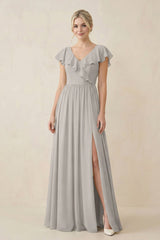 Cap Sleeve A-Line Ruffled Chiffon Bridesmaid Dress in Silver - KISS BRIDAL BRIDESMAID DRESSES