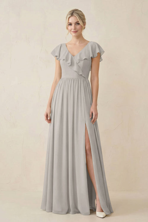 Cap Sleeve A-Line Ruffled Chiffon Bridesmaid Dress in Silver - SHE IS ME BRIDESMAID DRESSES