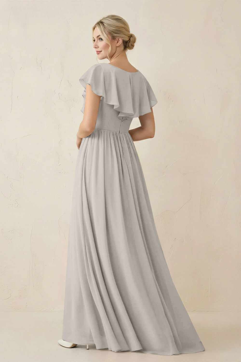 Cap Sleeve A-Line Ruffled Chiffon Bridesmaid Dress in Silver - KISS BRIDAL BRIDESMAID DRESSES