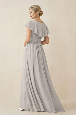 Cap Sleeve A-Line Ruffled Chiffon Bridesmaid Dress in Silver - SHE IS ME BRIDESMAID DRESSES