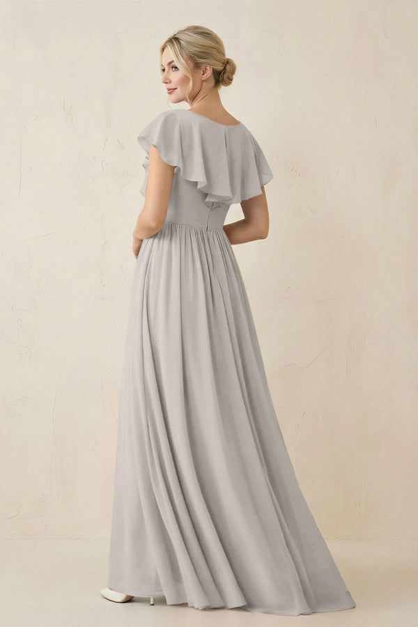 Cap Sleeve A-Line Ruffled Chiffon Bridesmaid Dress in Silver - SHE IS ME BRIDESMAID DRESSES