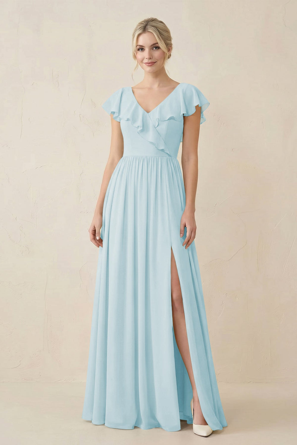 Cap Sleeve A-Line Ruffled Chiffon Bridesmaid Dress in Sky Blue - KISS BRIDAL BRIDESMAID DRESSES