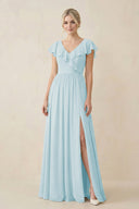 Cap Sleeve A-Line Ruffled Chiffon Bridesmaid Dress in Sky Blue - SHE IS ME BRIDESMAID DRESSES