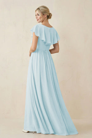 Cap Sleeve A-Line Ruffled Chiffon Bridesmaid Dress in Sky Blue - SHE IS ME BRIDESMAID DRESSES
