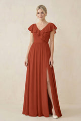 Cap Sleeve A-Line Ruffled Chiffon Bridesmaid Dress in Spice - KISS BRIDAL BRIDESMAID DRESSES