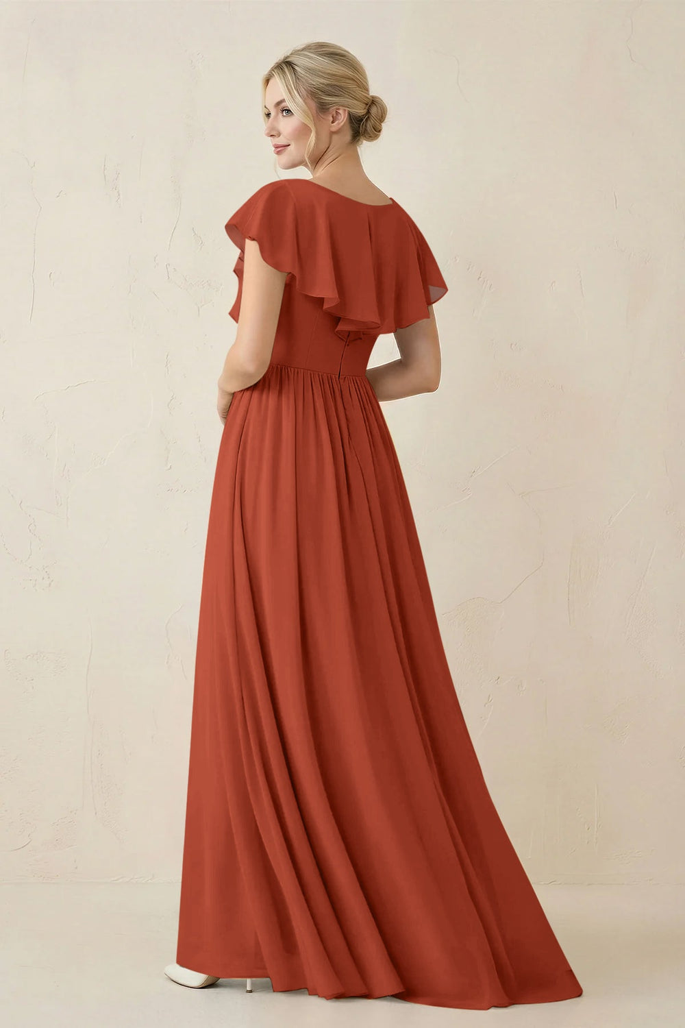 Cap Sleeve A-Line Ruffled Chiffon Bridesmaid Dress in Spice - KISS BRIDAL BRIDESMAID DRESSES