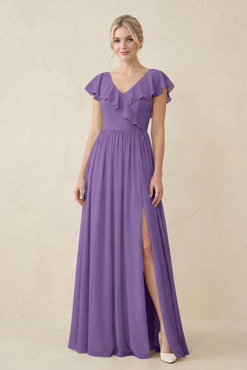 Cap Sleeve A-Line Ruffled Chiffon Bridesmaid Dress in Tahiti - SHE IS ME BRIDESMAID DRESSES