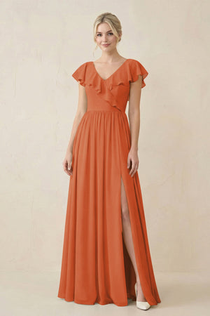 Cap Sleeve A-Line Ruffled Chiffon Bridesmaid Dress in Terracotta - SHE IS ME BRIDESMAID DRESSES