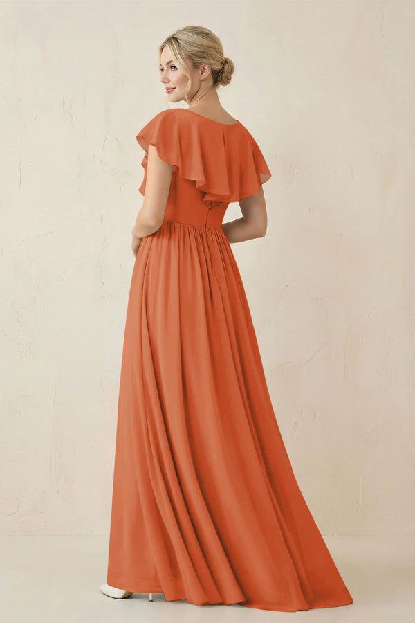 Cap Sleeve A-Line Ruffled Chiffon Bridesmaid Dress in Terracotta - SHE IS ME BRIDESMAID DRESSES