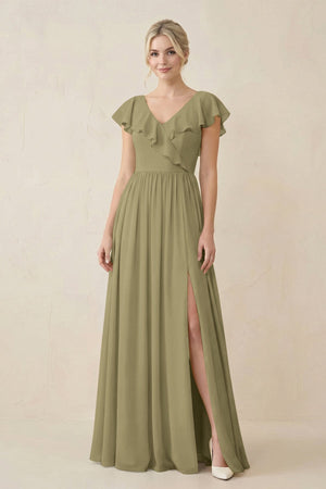 Cap Sleeve A-Line Ruffled Chiffon Bridesmaid Dress in Thyme - SHE IS ME BRIDESMAID DRESSES