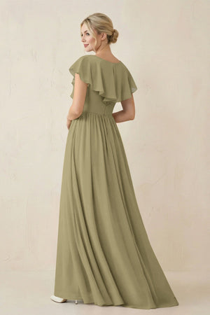 Cap Sleeve A-Line Ruffled Chiffon Bridesmaid Dress in Thyme - SHE IS ME BRIDESMAID DRESSES