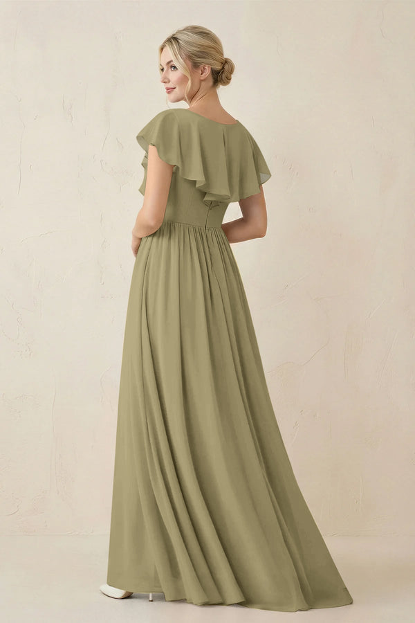 Cap Sleeve A-Line Ruffled Chiffon Bridesmaid Dress in Thyme - SHE IS ME BRIDESMAID DRESSES
