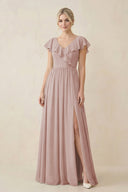 Cap Sleeve A-Line Ruffled Chiffon Bridesmaid Dress in Toffee - SHE IS ME BRIDESMAID DRESSES