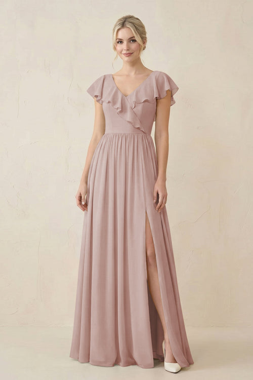Cap Sleeve A-Line Ruffled Chiffon Bridesmaid Dress in Toffee - SHE IS ME BRIDESMAID DRESSES