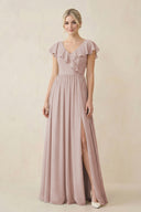 Cap Sleeve A-Line Ruffled Chiffon Bridesmaid Dress in Toffee | KISSBRIDAL