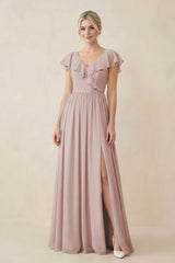 Cap Sleeve A-Line Ruffled Chiffon Bridesmaid Dress in Toffee | KISSBRIDAL