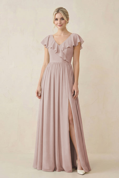 Cap Sleeve A-Line Ruffled Chiffon Bridesmaid Dress in Toffee | KISSBRIDAL