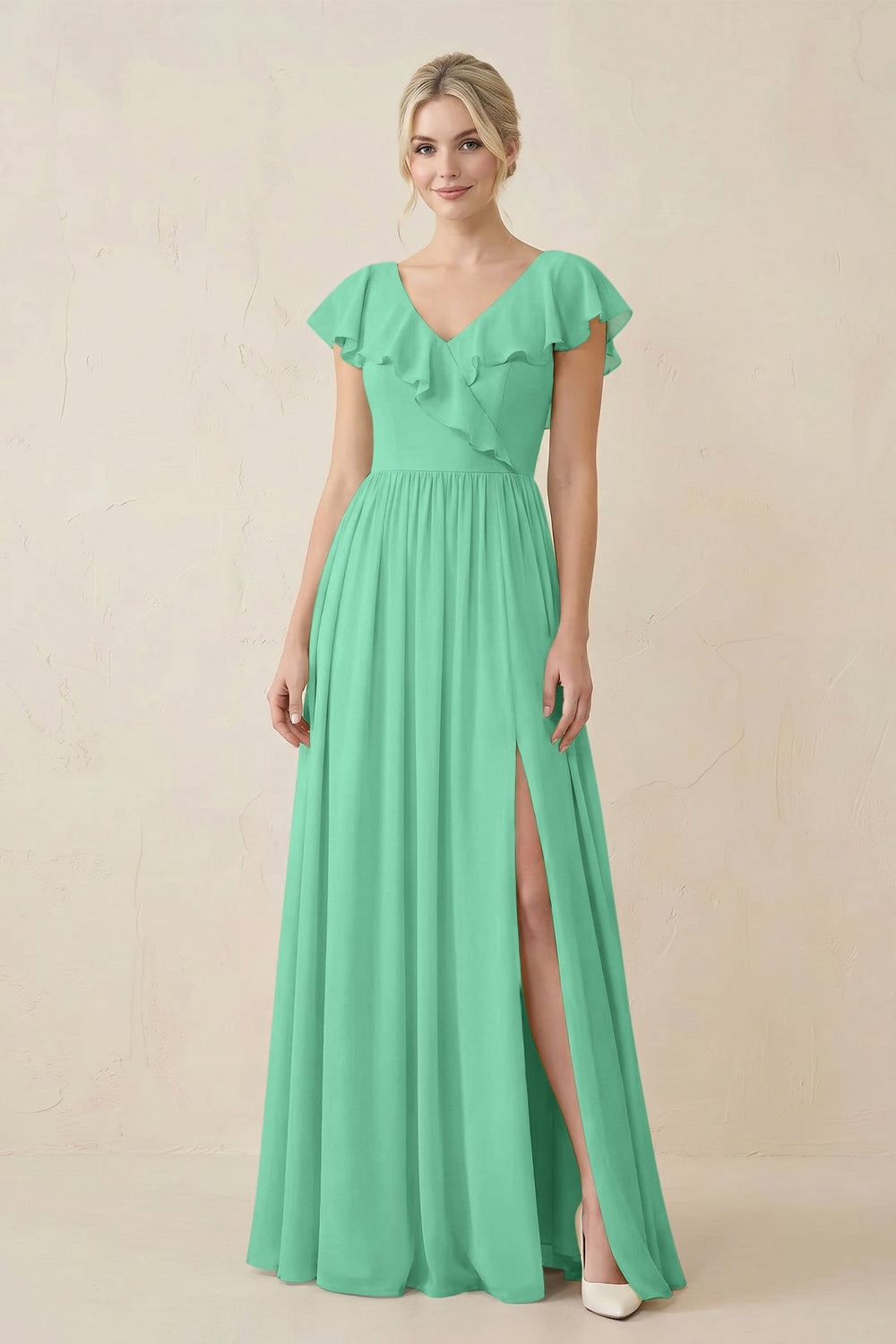 Cap Sleeve A-Line Ruffled Chiffon Bridesmaid Dress in Turquoise - KISS BRIDAL BRIDESMAID DRESSES