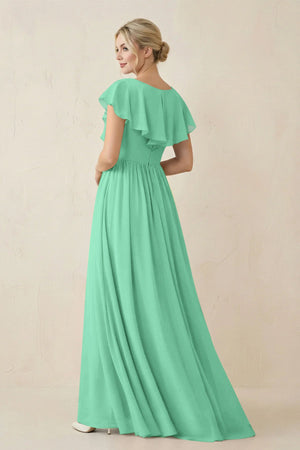 Cap Sleeve A-Line Ruffled Chiffon Bridesmaid Dress in Turquoise - SHE IS ME BRIDESMAID DRESSES