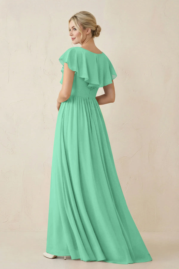 Cap Sleeve A-Line Ruffled Chiffon Bridesmaid Dress in Turquoise - SHE IS ME BRIDESMAID DRESSES