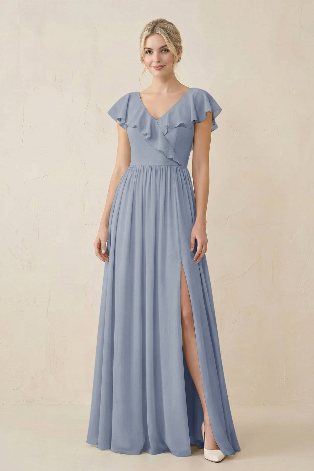 Cap Sleeve A-Line Ruffled Chiffon Bridesmaid Dress in Twilight - KISS BRIDAL BRIDESMAID DRESSES