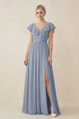 Cap Sleeve A-Line Ruffled Chiffon Bridesmaid Dress in Twilight - KISS BRIDAL BRIDESMAID DRESSES