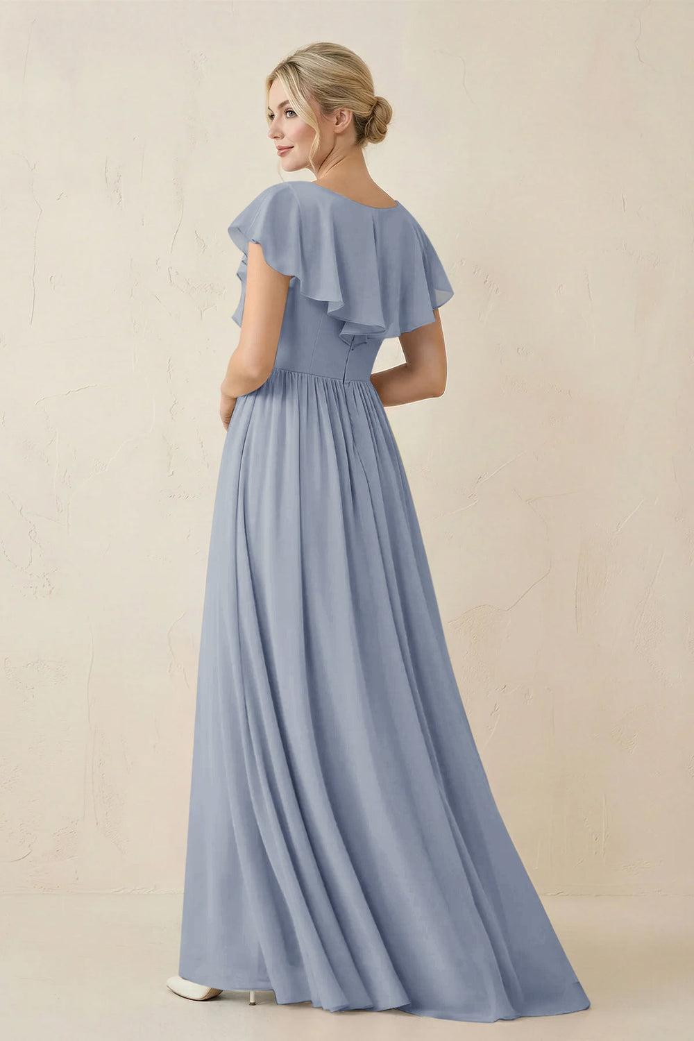 Cap Sleeve A-Line Ruffled Chiffon Bridesmaid Dress in Twilight - KISS BRIDAL BRIDESMAID DRESSES