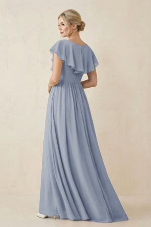Cap Sleeve A-Line Ruffled Chiffon Bridesmaid Dress in Twilight - SHE IS ME BRIDESMAID DRESSES