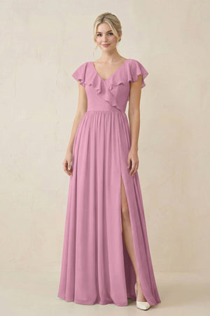 Cap Sleeve A-Line Ruffled Chiffon Bridesmaid Dress in Vintage Mauve - SHE IS ME BRIDESMAID DRESSES
