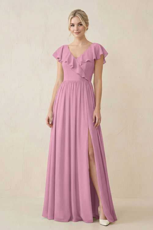 Cap Sleeve A-Line Ruffled Chiffon Bridesmaid Dress in Vintage Mauve - SHE IS ME BRIDESMAID DRESSES
