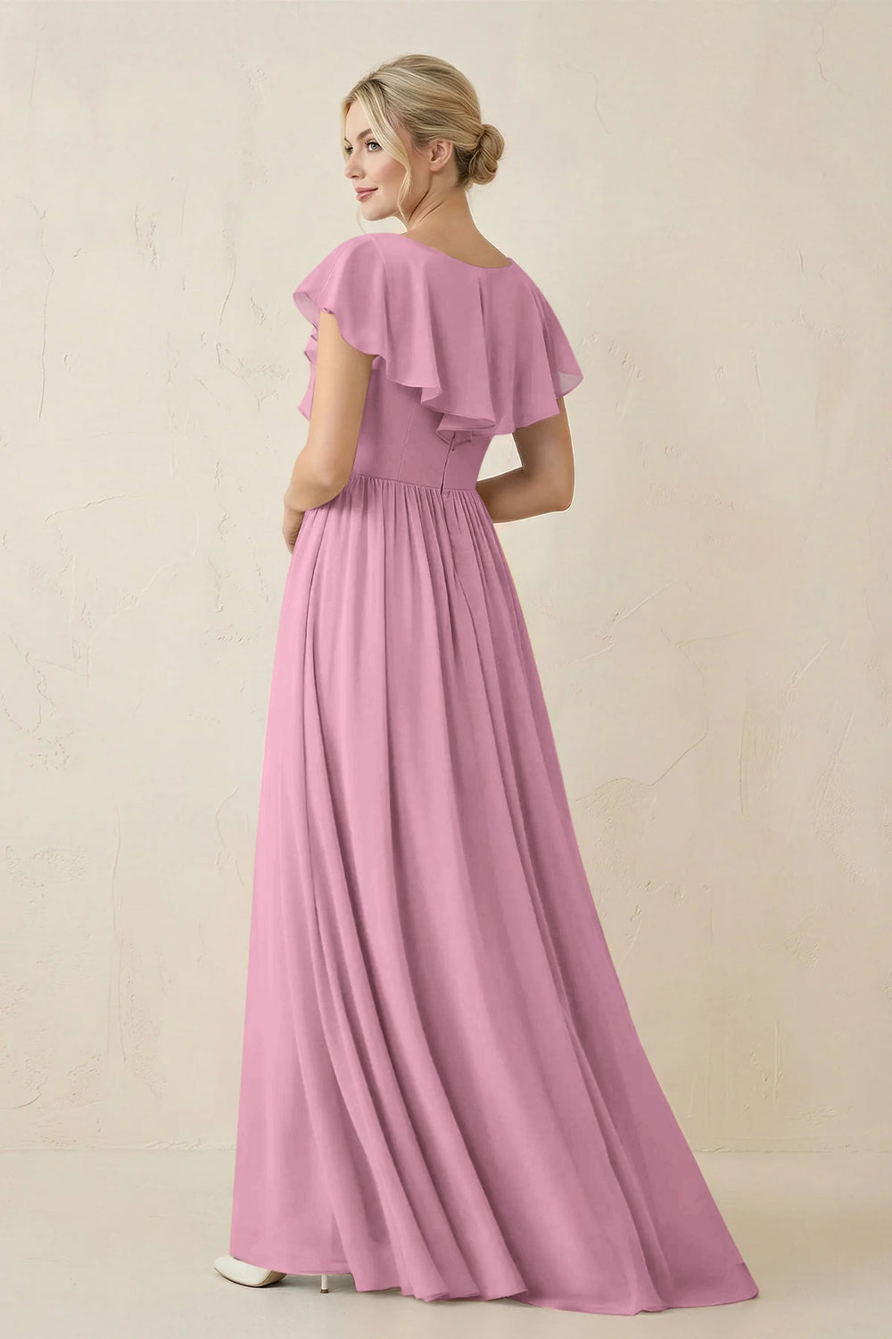 Cap Sleeve A-Line Ruffled Chiffon Bridesmaid Dress in Vintage Mauve - KISS BRIDAL BRIDESMAID DRESSES