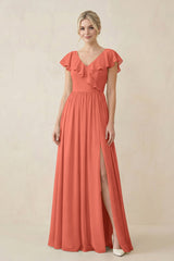 Cap Sleeve A-Line Ruffled Chiffon Bridesmaid Dress in Wild Rose - KISS BRIDAL BRIDESMAID DRESSES