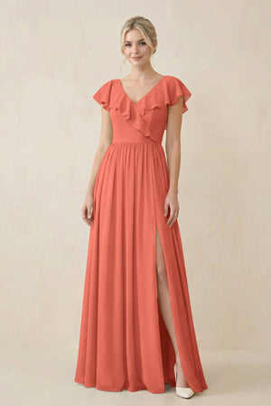 Cap Sleeve A-Line Ruffled Chiffon Bridesmaid Dress in Wild Rose - SHE IS ME BRIDESMAID DRESSES