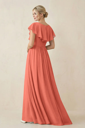 Cap Sleeve A-Line Ruffled Chiffon Bridesmaid Dress in Wild Rose - SHE IS ME BRIDESMAID DRESSES