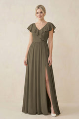 Cap Sleeve A-Line Ruffled Chiffon Bridesmaid Dress in Willow Green - KISS BRIDAL BRIDESMAID DRESSES