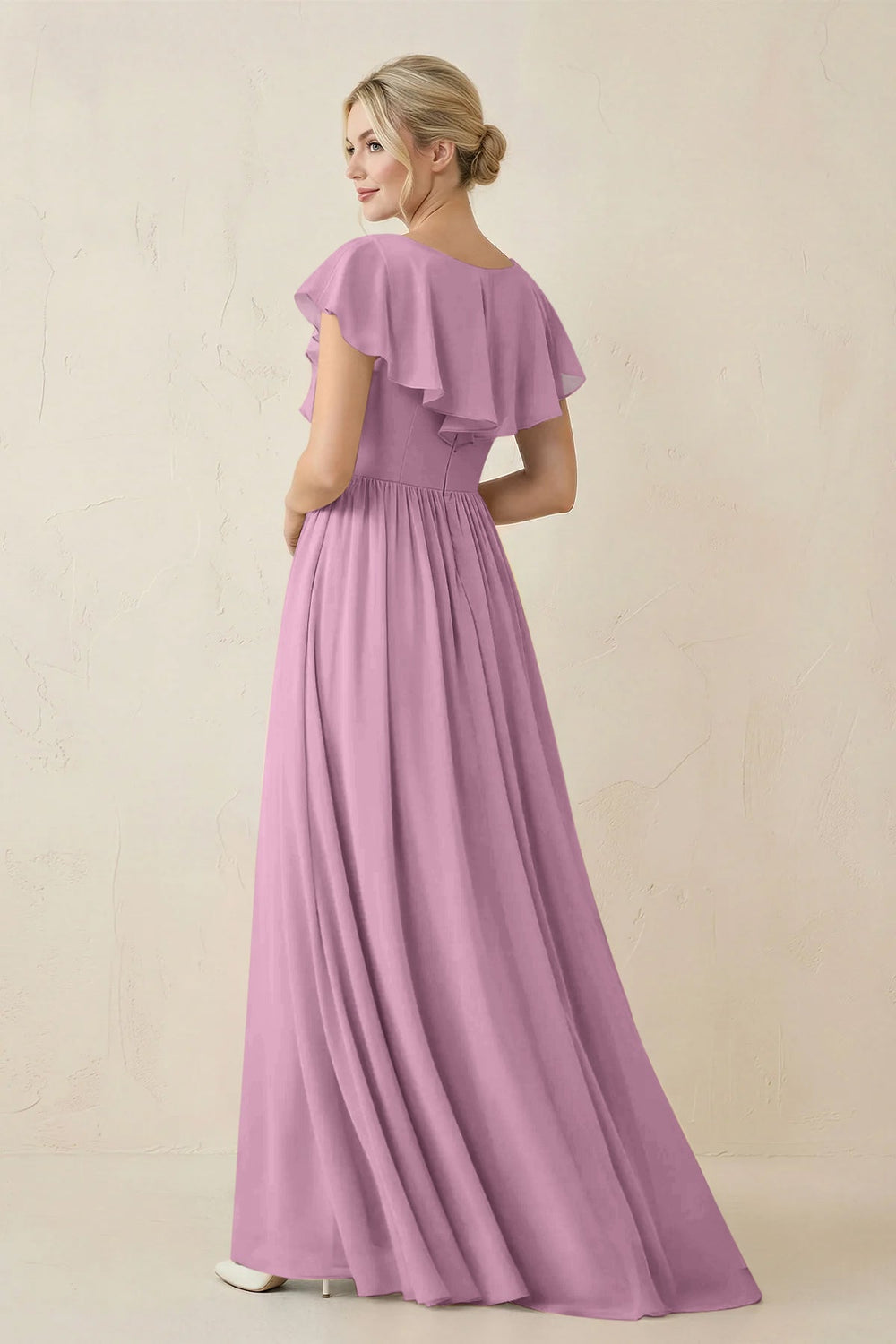 Cap Sleeve A-Line Ruffled Chiffon Bridesmaid Dress in Wisteria - KISS BRIDAL BRIDESMAID DRESSES
