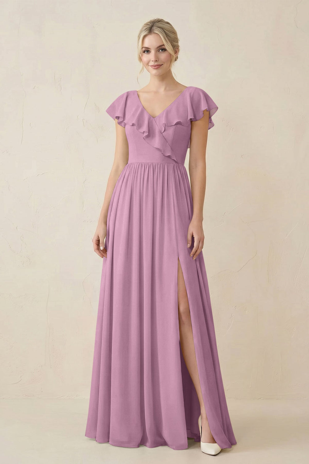 Cap Sleeve A-Line Ruffled Chiffon Bridesmaid Dress in Wisteria - KISS BRIDAL BRIDESMAID DRESSES