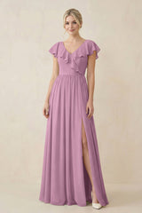 Cap Sleeve A-Line Ruffled Chiffon Bridesmaid Dress in Wisteria - KISS BRIDAL BRIDESMAID DRESSES
