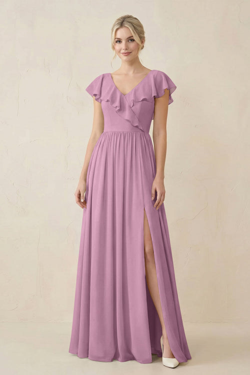 Cap Sleeve A-Line Ruffled Chiffon Bridesmaid Dress in Wisteria - SHE IS ME BRIDESMAID DRESSES