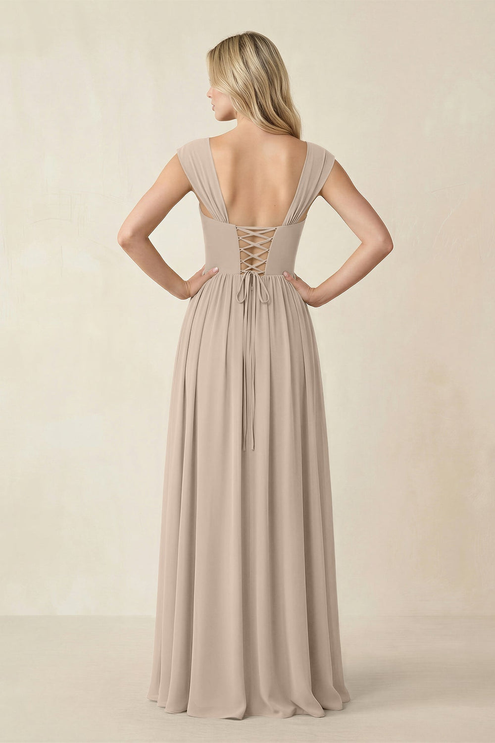 Cap Sleeve Corset A - Line Chiffon Bridesmaid Dress in Almond - KISS BRIDAL Bridesmaid Dresses