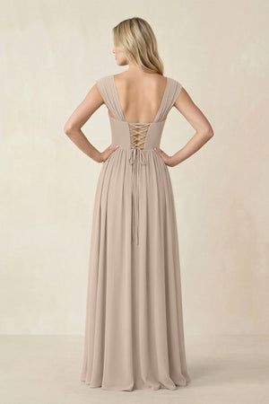 Cap Sleeve Corset A - Line Chiffon Bridesmaid Dress in Almond - SHE IS ME Bridesmaid Dresses