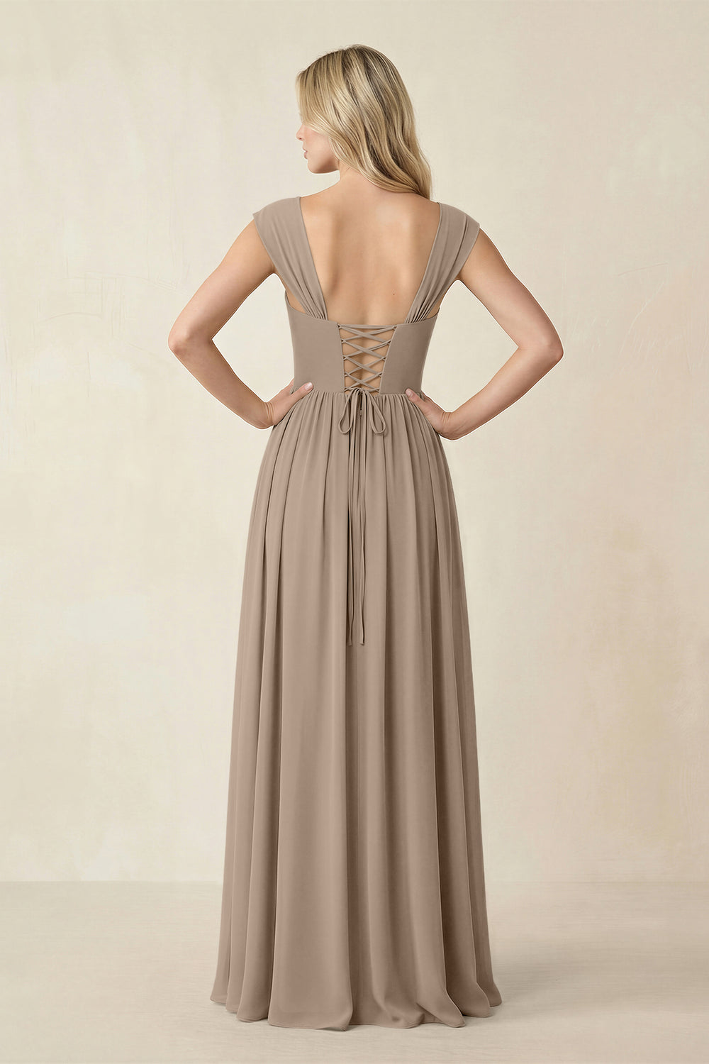 Cap Sleeve Corset A-Line Chiffon Bridesmaid Dress in Almond
