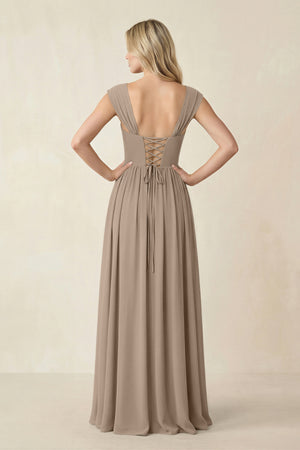 Cap Sleeve Corset A-Line Chiffon Bridesmaid Dress in Almond (2) | KISSBRIDAL