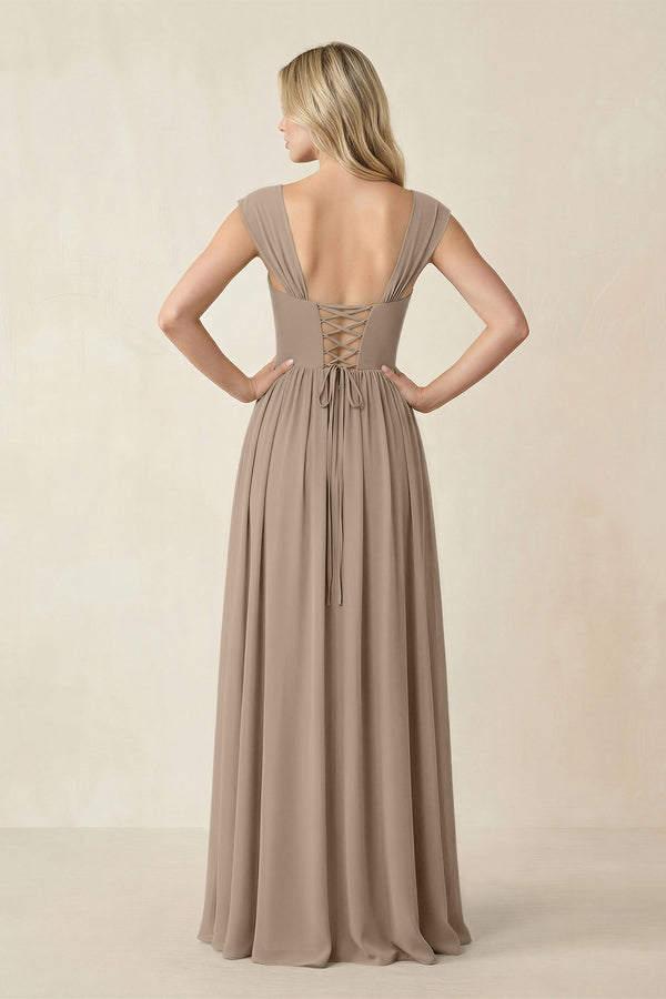 Cap Sleeve Corset A-Line Chiffon Bridesmaid Dress in Almond (2) | KISSBRIDAL