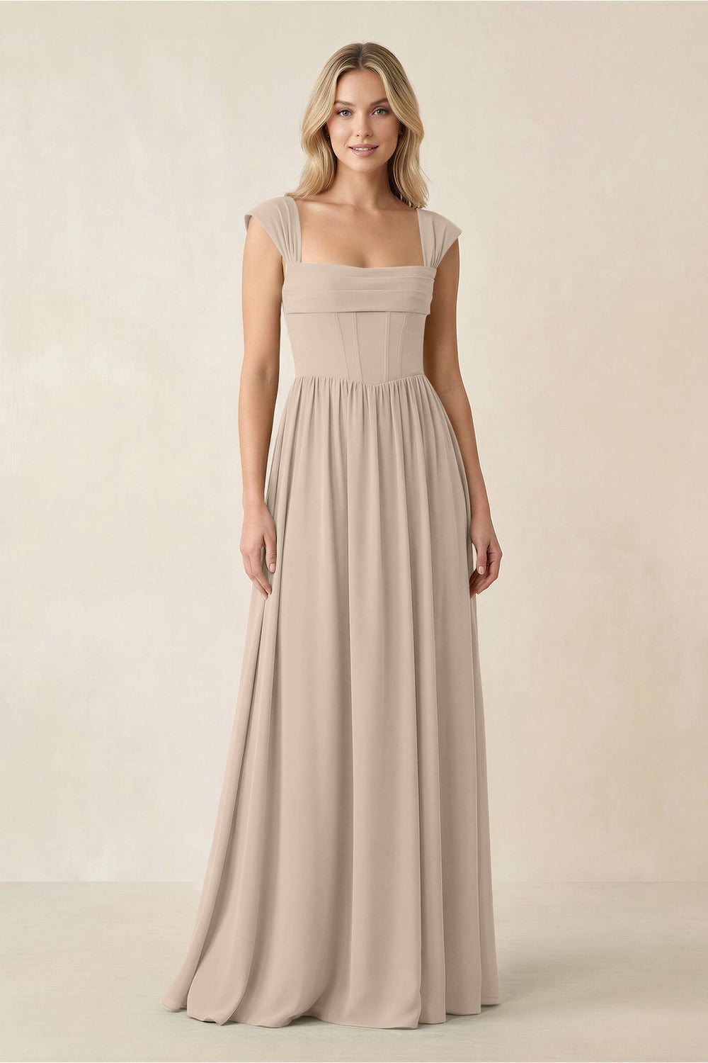Cap Sleeve Corset A - Line Chiffon Bridesmaid Dress in Almond - KISS BRIDAL Bridesmaid Dresses